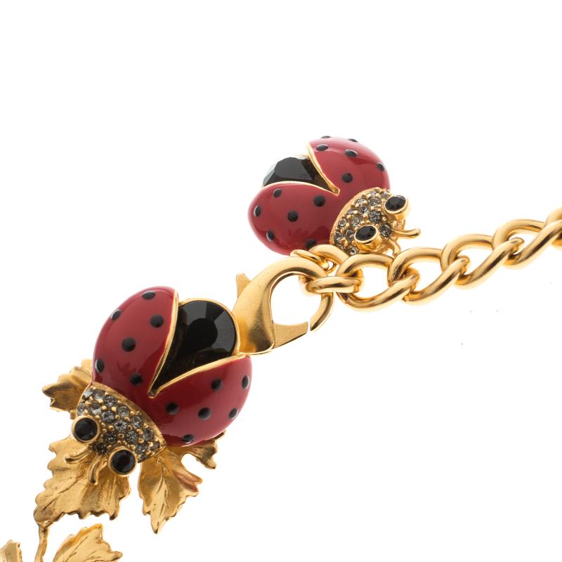 Women's Dolce and Gabbana Ladybug Leaf Enamel Crystal Embellished Gold Tone Necklace