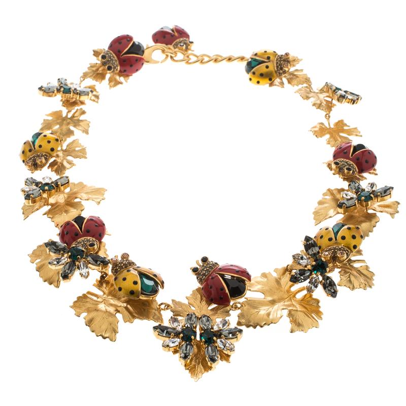Dolce and Gabbana Ladybug Leaf Enamel Crystal Embellished Gold Tone Necklace