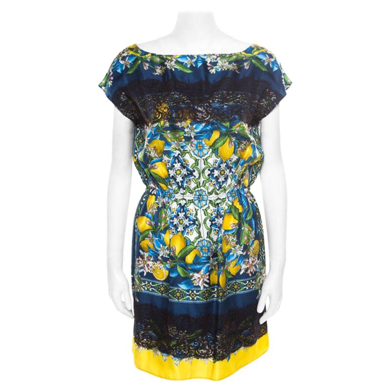 Dolce and Gabbana Lemon Mosaic Printed Silk Lace Trim Tunic Dress M