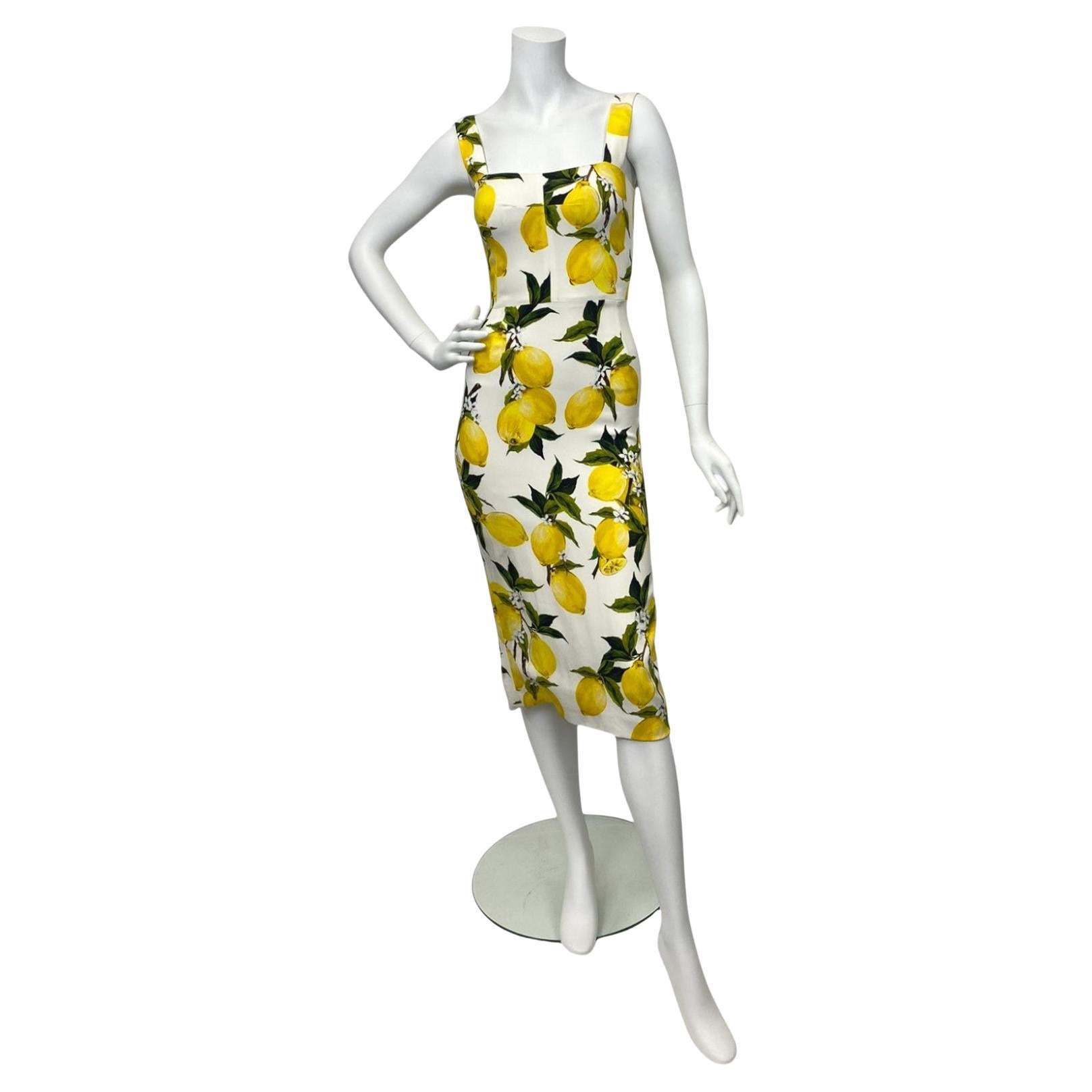 Dolce and Gabbana Lemon Print Sleeveless Midi Sheath Dress Sz: 38 For Sale