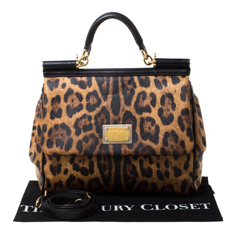 Dolce and Gabbana Leopard Print Coated Canvas and Leather Large Miss Sicily Top  6