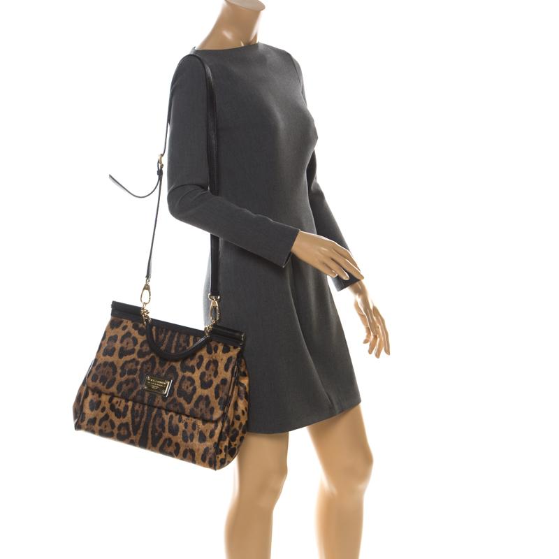 Black Dolce and Gabbana Leopard Print Coated Canvas and Leather Large Miss Sicily Top 