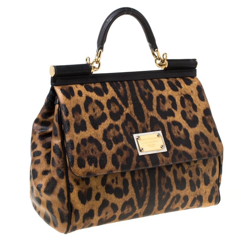 Women's Dolce and Gabbana Leopard Print Coated Canvas and Leather Large Miss Sicily Top 