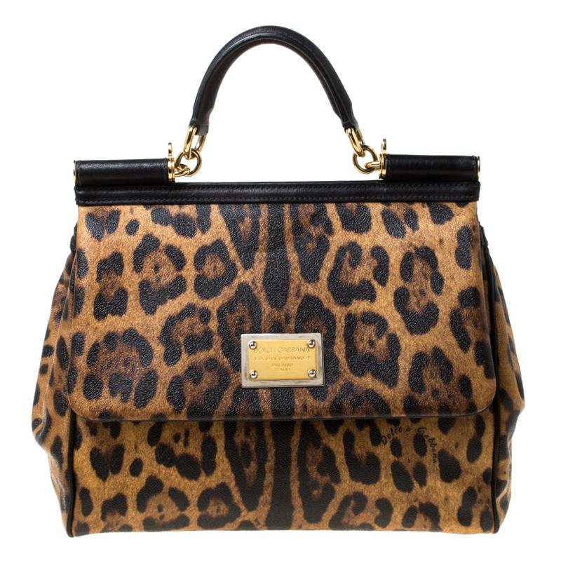 Dolce and Gabbana Leopard Print Coated Canvas and Leather Large Miss Sicily Top 