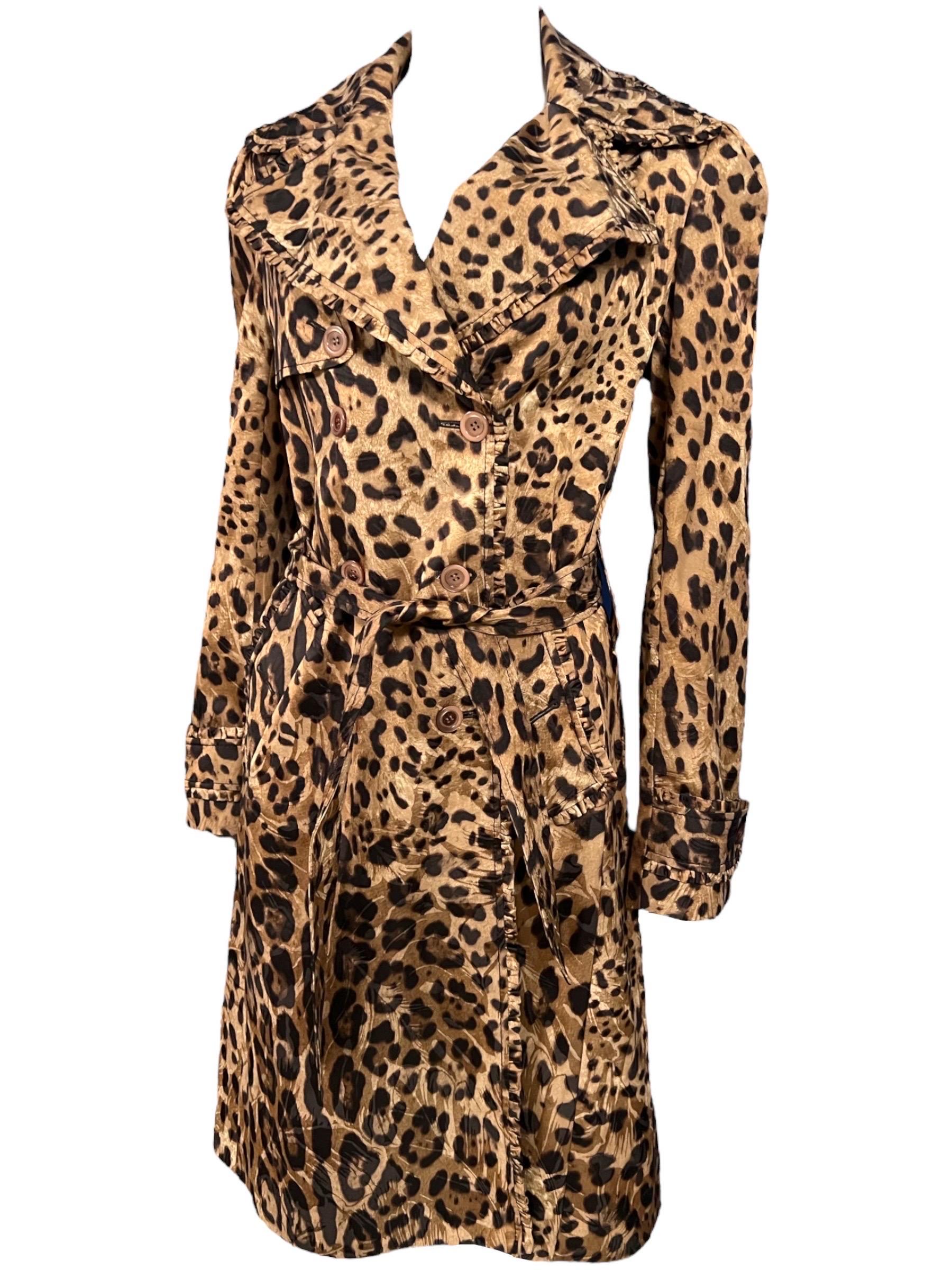 Brown Dolce and Gabbana Leopard Print Double Breasted Trench Coat For Sale