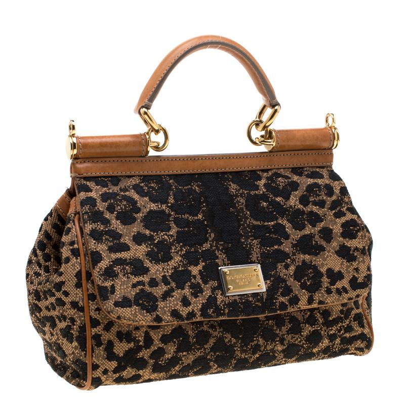 Dolce and Gabbana Leopard Print Fabric and Leather Medium Miss Sicily Top Handle In Good Condition In Dubai, Al Qouz 2