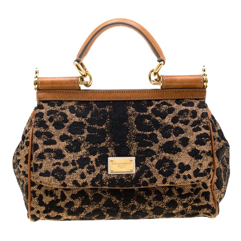 Dolce and Gabbana Leopard Print Fabric and Leather Medium Miss Sicily Top Handle