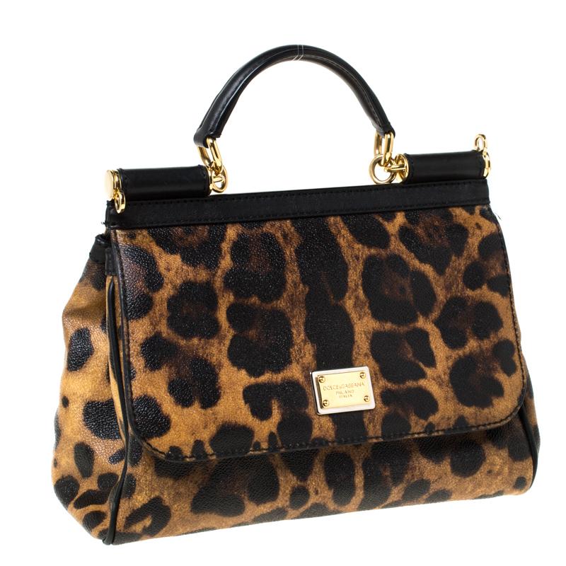 Black Dolce and Gabbana Leopard Print Leather Medium Miss Sicily Top Handle Bag