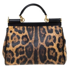 Dolce and Gabbana Leopard Print Leather Medium Miss Sicily Top Handle Bag