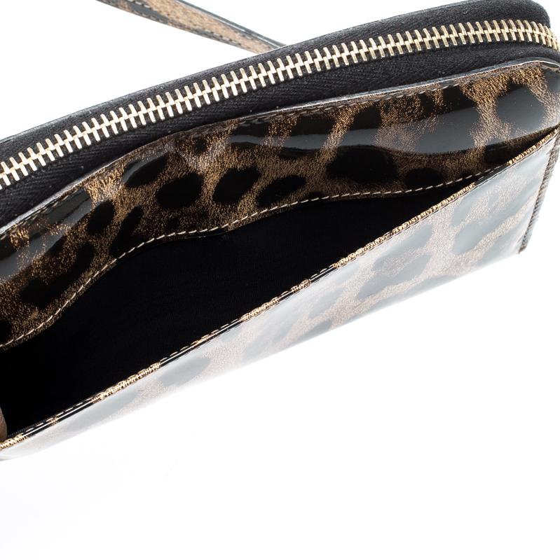 Black Dolce and Gabbana Leopard Print Patent Leather Zip Around Wallet