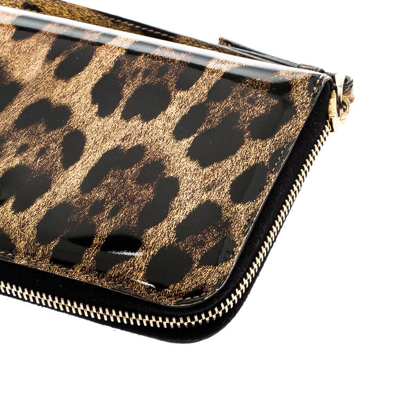 Dolce and Gabbana Leopard Print Patent Leather Zip Around Wallet 1