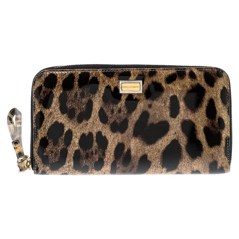 Dolce and Gabbana Leopard Print Patent Leather Zip Around Wallet