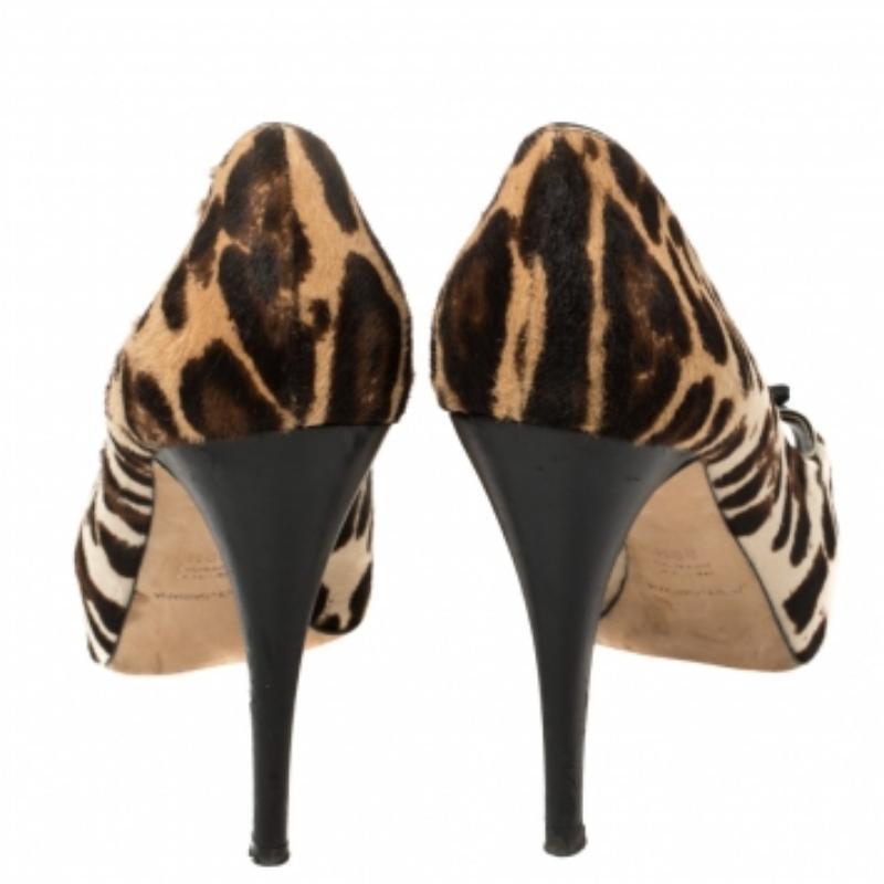 Black Dolce and Gabbana Leopard Print Pony Hair Peep Toe Platform Pumps Size 39.5 For Sale