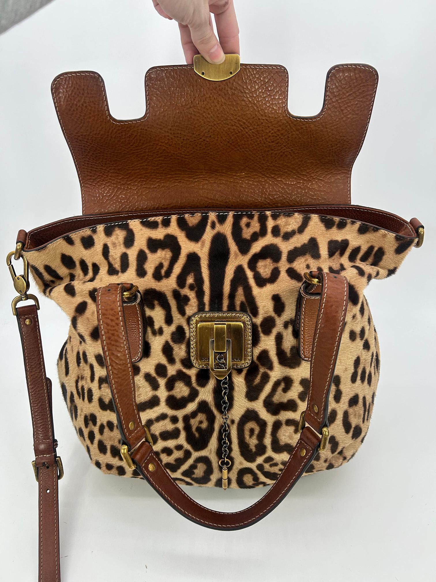 Dolce and Gabbana Leopard Print Pony Hair Tan Leather Miss Privee Shoulder Bag For Sale 5