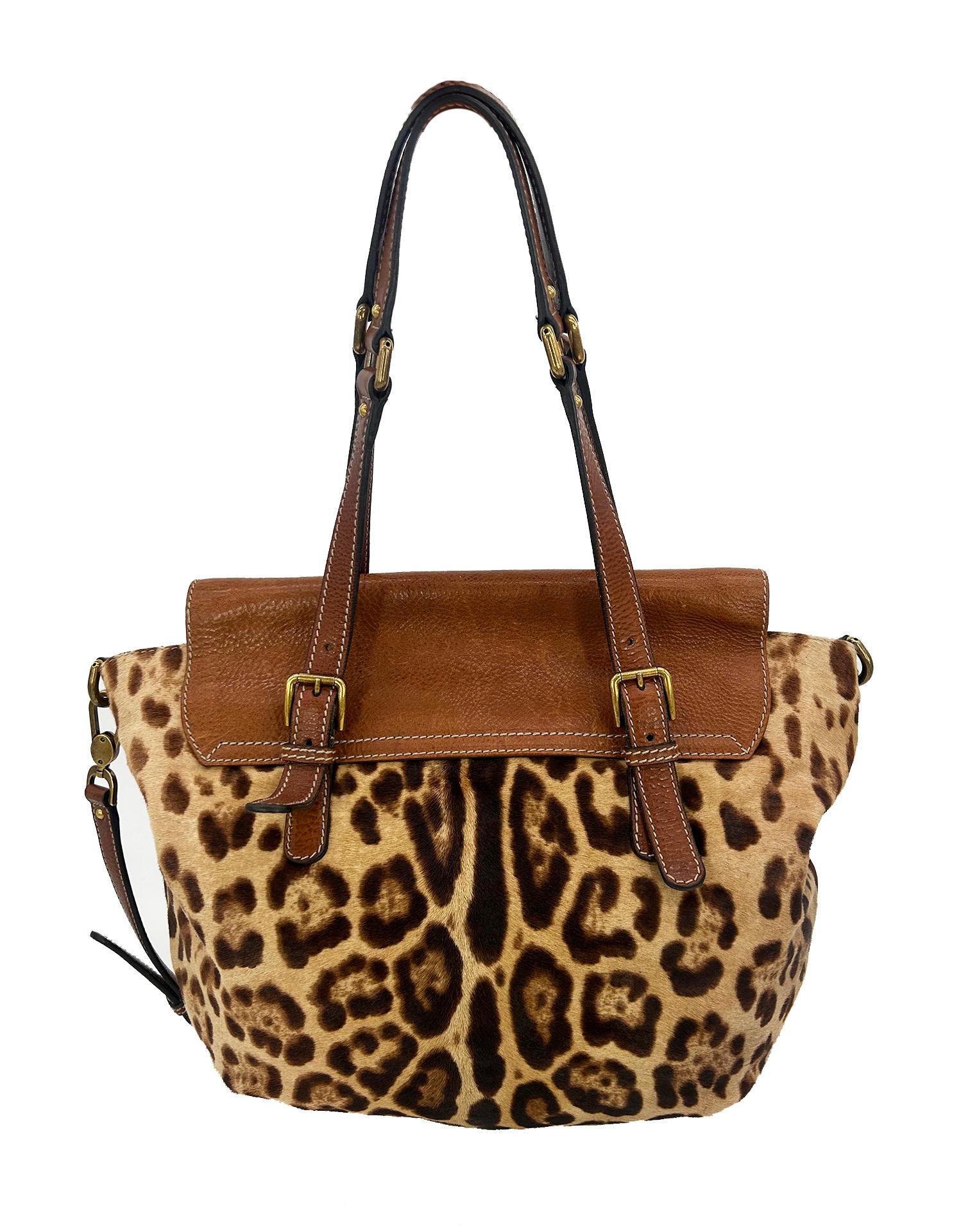 Brown Dolce and Gabbana Leopard Print Pony Hair Tan Leather Miss Privee Shoulder Bag For Sale