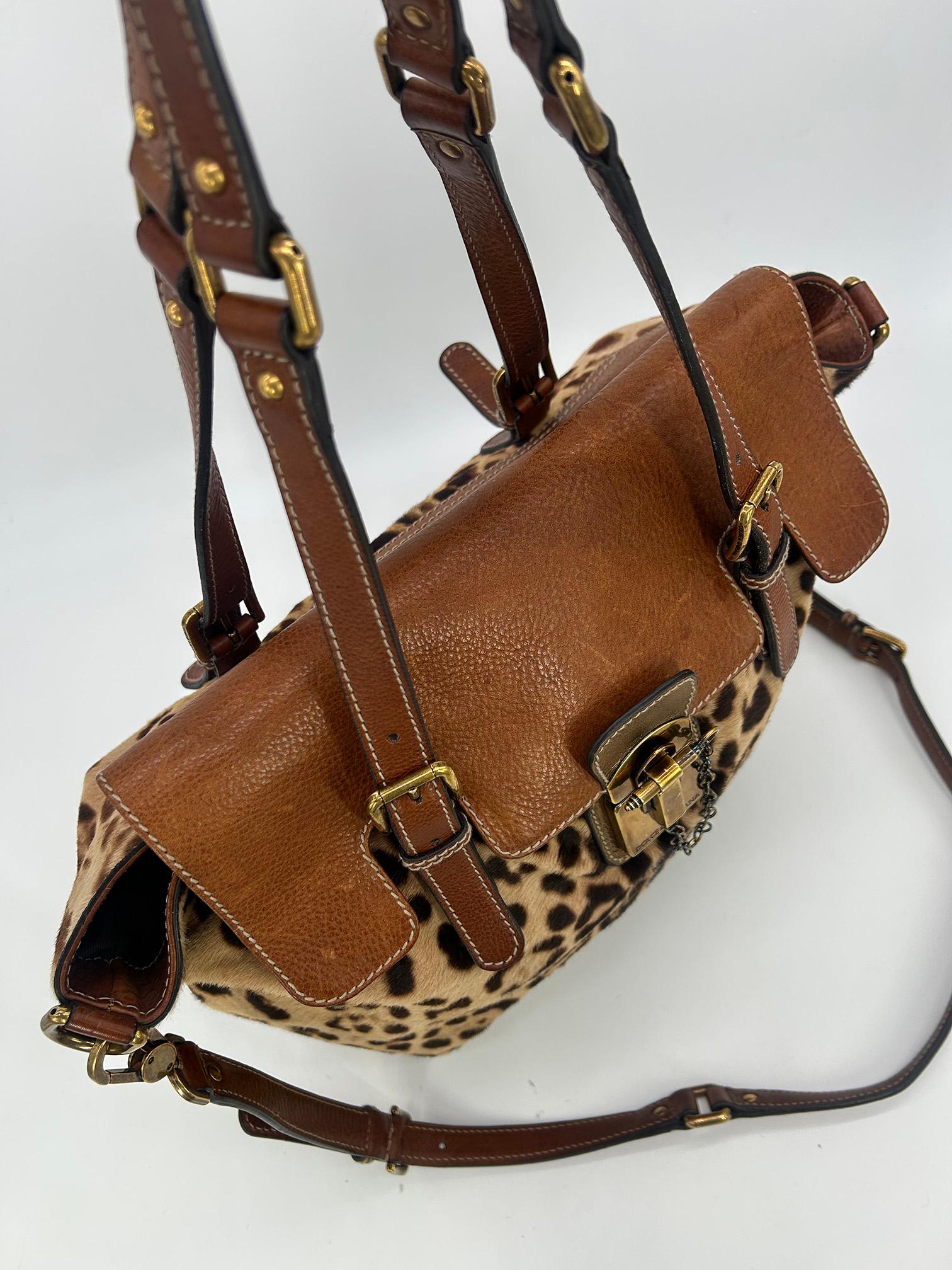 Dolce and Gabbana Leopard Print Pony Hair Tan Leather Miss Privee Shoulder Bag In Good Condition For Sale In Philadelphia, PA