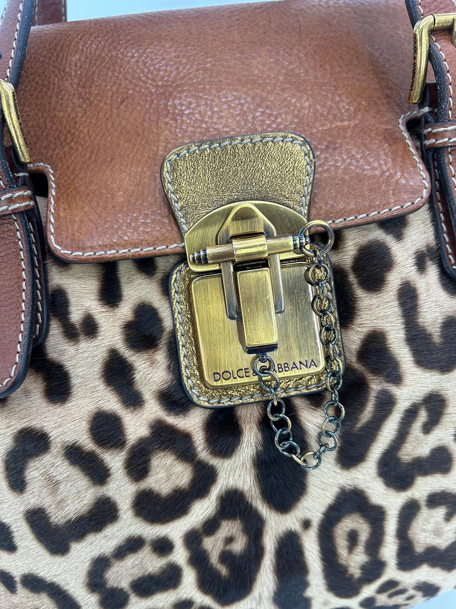 Dolce and Gabbana Leopard Print Pony Hair Tan Leather Miss Privee Shoulder Bag For Sale 1