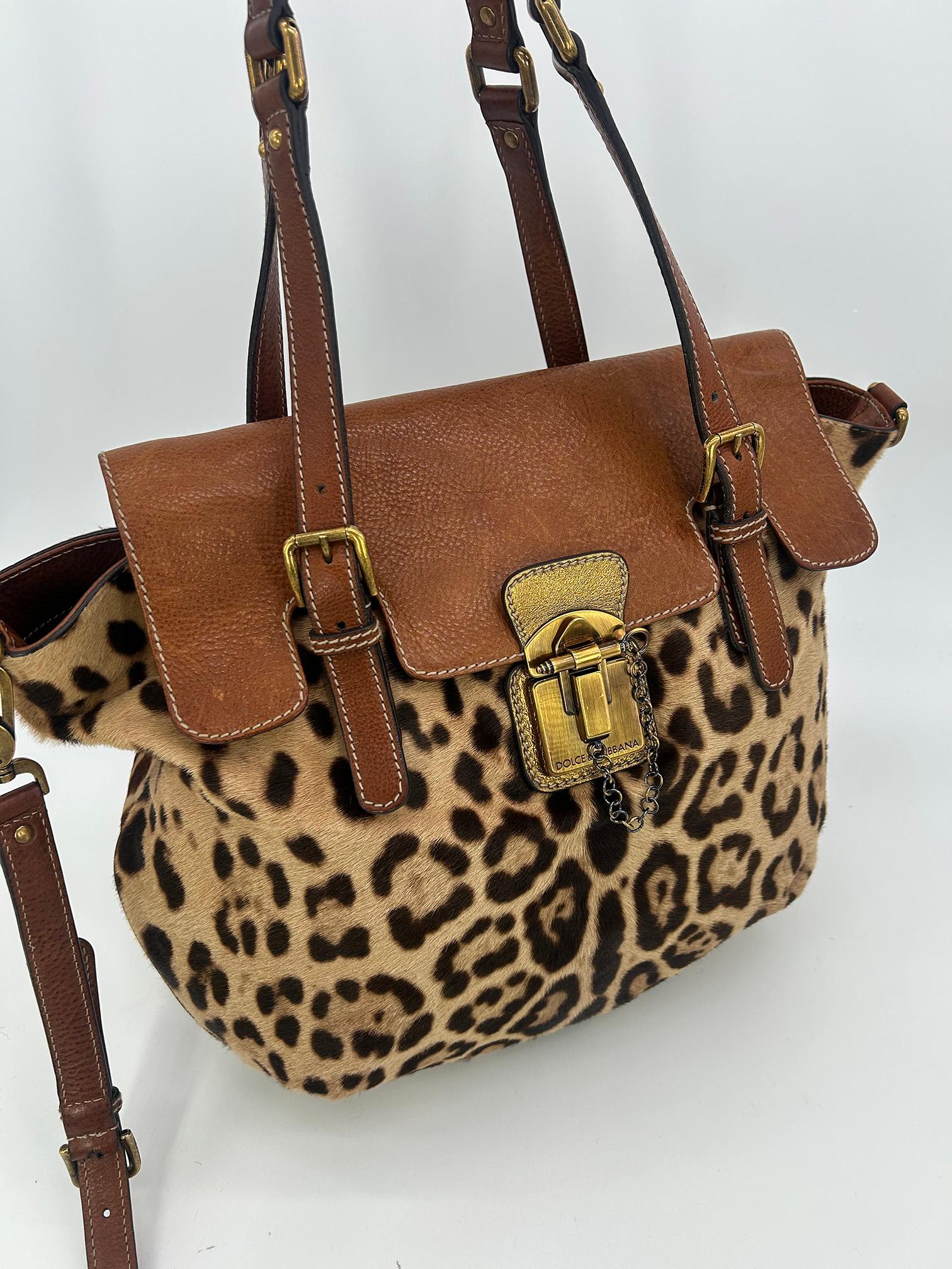 Dolce and Gabbana Leopard Print Pony Hair Tan Leather Miss Privee Shoulder Bag For Sale 2