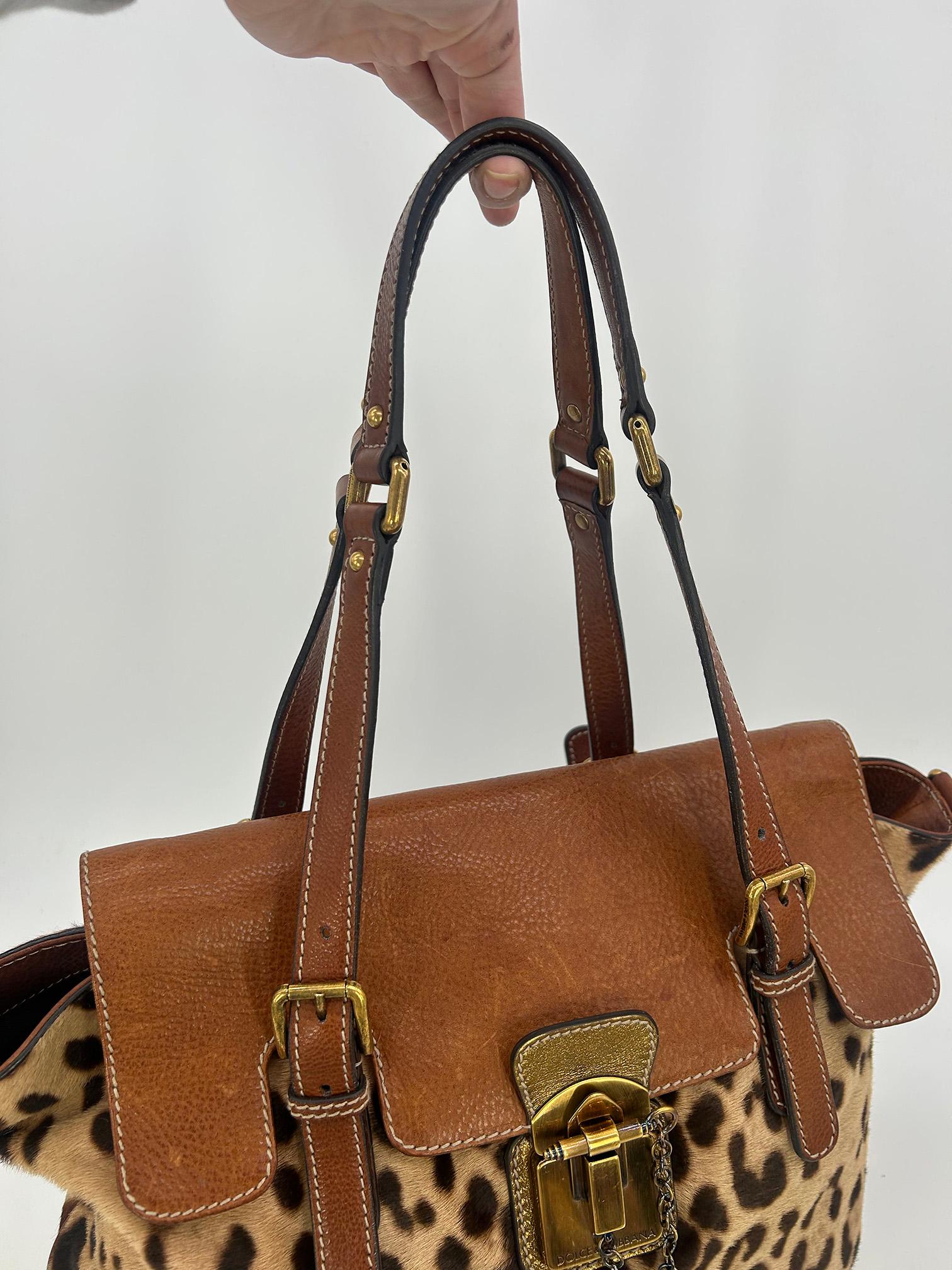 Dolce and Gabbana Leopard Print Pony Hair Tan Leather Miss Privee Shoulder Bag For Sale 3