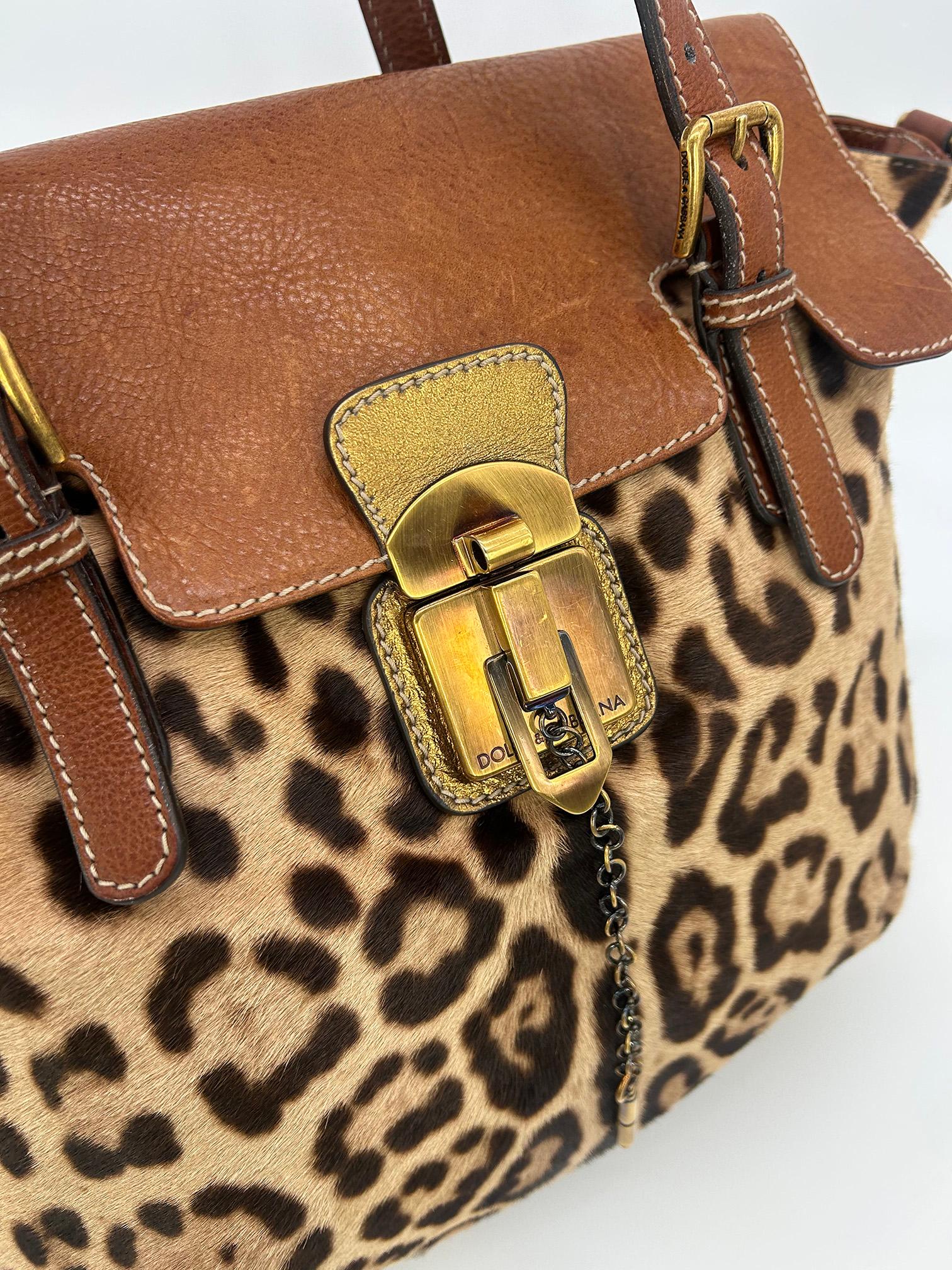 Dolce and Gabbana Leopard Print Pony Hair Tan Leather Miss Privee Shoulder Bag For Sale 4