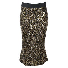 Dolce And Gabbana Leopard Print Sequined Crepe Midi Skirt It 42 Uk 10