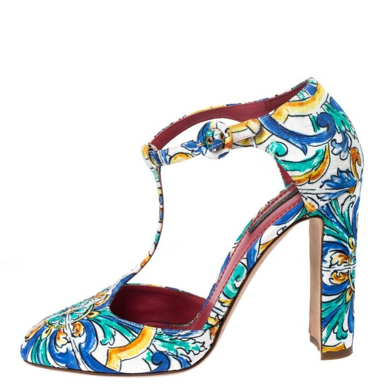 Dolce and Gabbana Majolica Print Brocade Fabric Ankle Strap Pumps Size ...