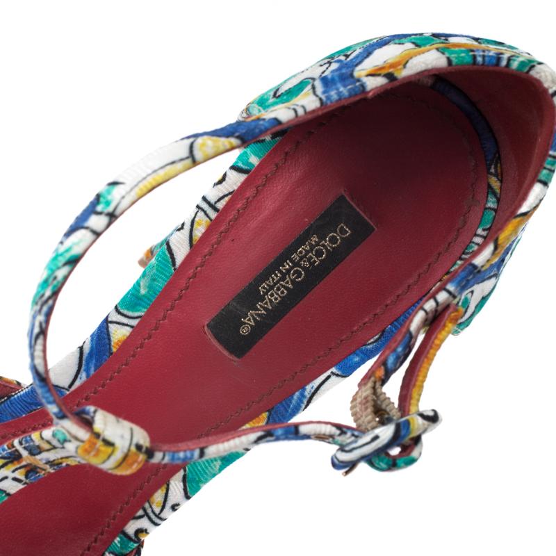 Women's Dolce and Gabbana Majolica Print Brocade Fabric Ankle Strap Pumps Size 40