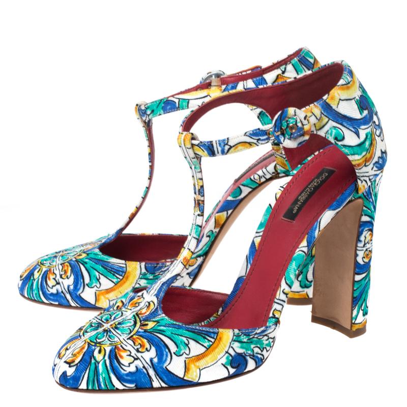 Dolce and Gabbana Majolica Print Brocade Fabric Ankle Strap Pumps Size 40 2