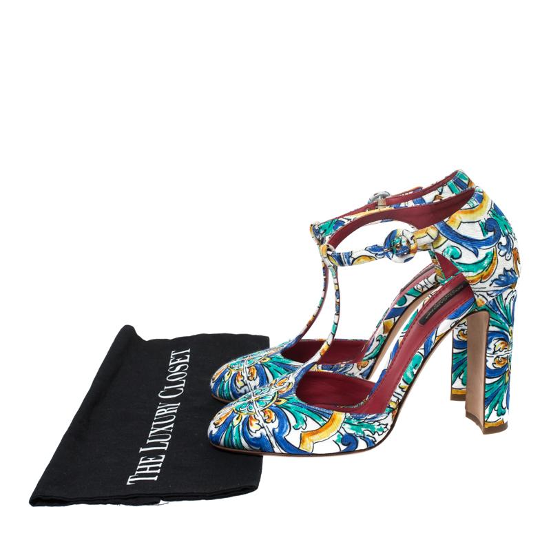 Dolce and Gabbana Majolica Print Brocade Fabric Ankle Strap Pumps Size 40 3