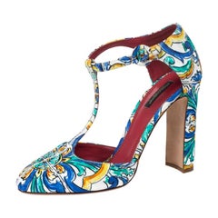 Dolce and Gabbana Majolica Print Brocade Fabric Ankle Strap Pumps Size 40