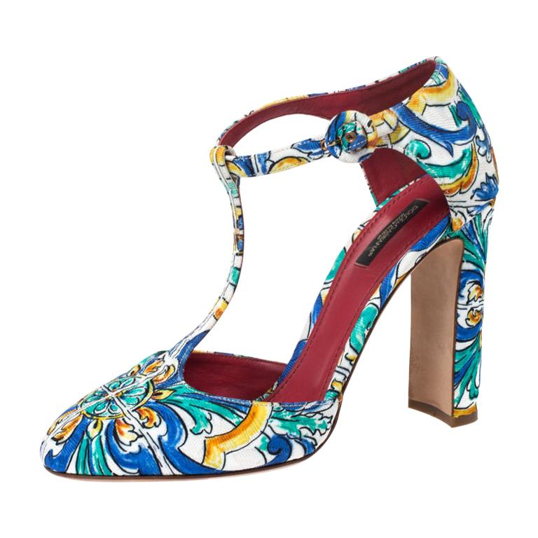 Dolce and Gabbana Majolica Print Brocade Fabric Ankle Strap Pumps Size ...