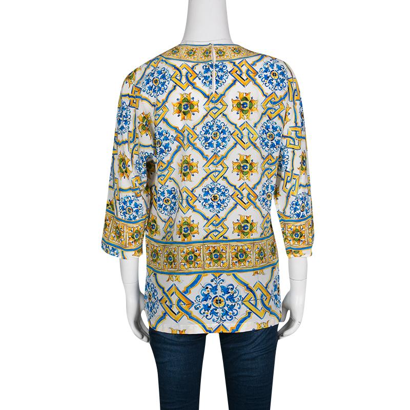 Beige Dolce and Gabbana Majolica Print Dolman Sleeve Silk Top S