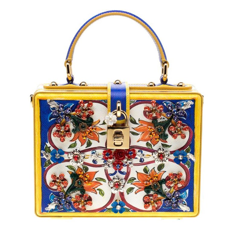 Dolce and Gabbana Majolica Print Embellished Leather Box Pad lock Top ...