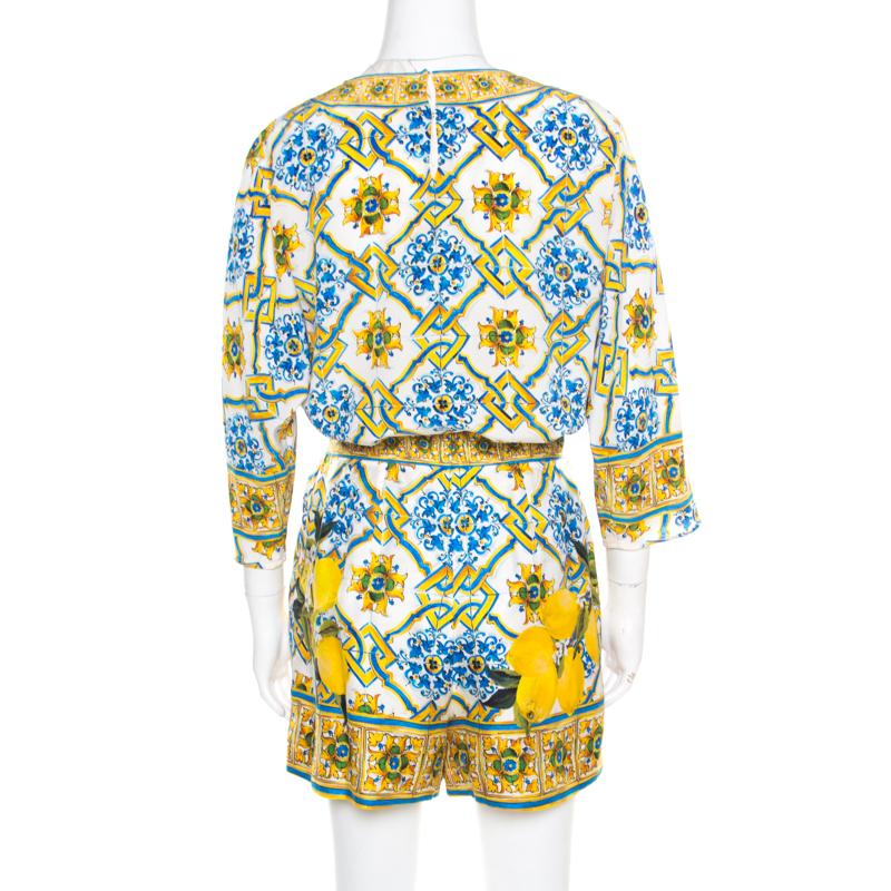 The majolica print is synonymous with Dolce and Gabbana and this set vividly incorporates it! This top and shorts set is perfect for a chic and fashionable look. It is made of 100% silk and the top features a round neckline and three-quarter