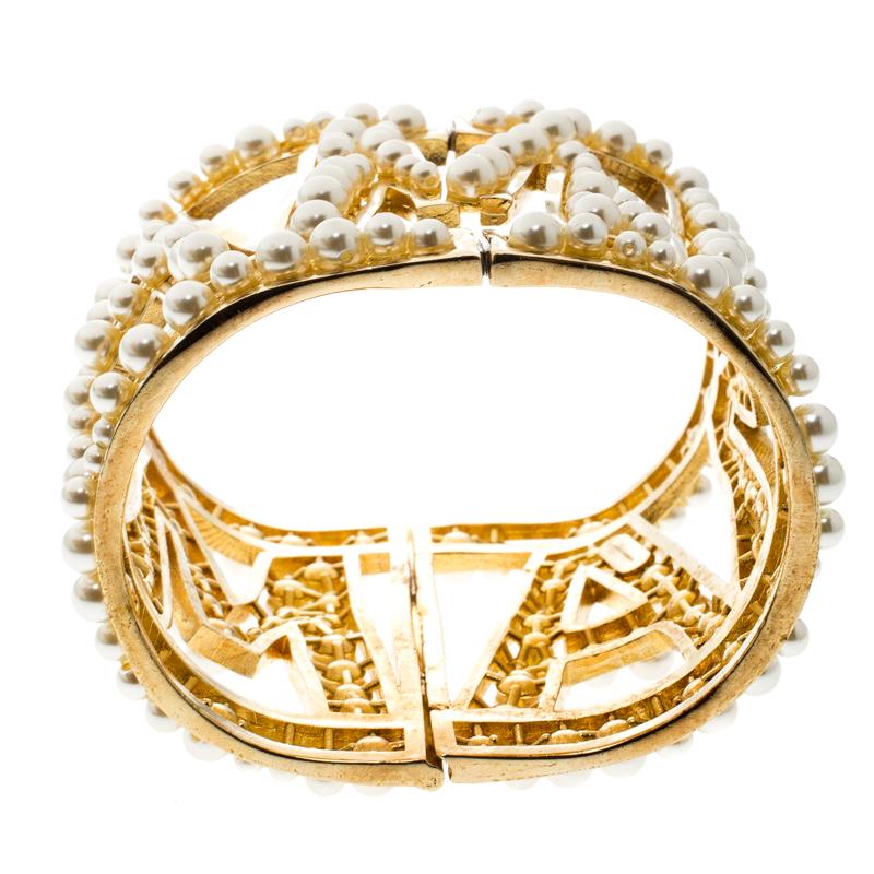 Dolce and Gabbana Mama Faux Pearl Embellished Gold Tone Wide Cuff Bracelet In Excellent Condition In Dubai, Al Qouz 2