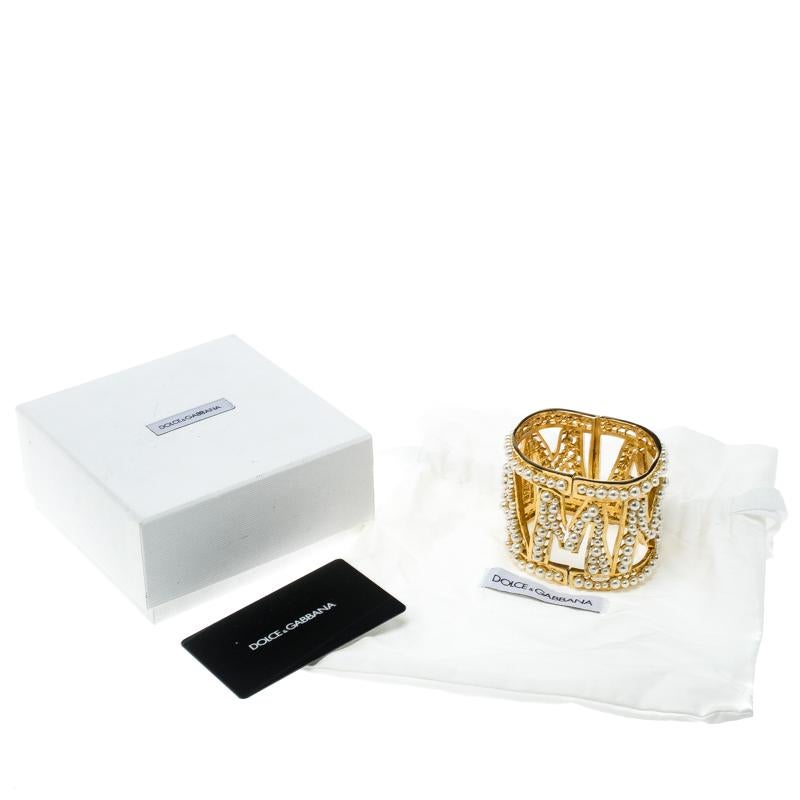 Dolce and Gabbana Mama Faux Pearl Embellished Gold Tone Wide Cuff Bracelet 2
