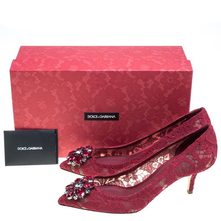 Dolce and Gabbana Maroon Lace Bellucci Crystal Embellished Pointed Toe