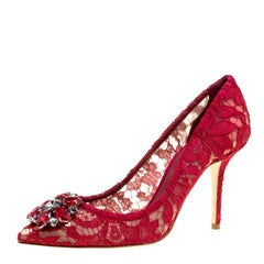 Dolce and Gabbana Maroon Lace Bellucci Crystal Embellished Pointed Toe Pumps Siz