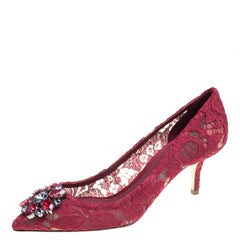 Dolce and Gabbana Maroon Lace Bellucci Crystal Embellished Pointed Toe Pumps Siz