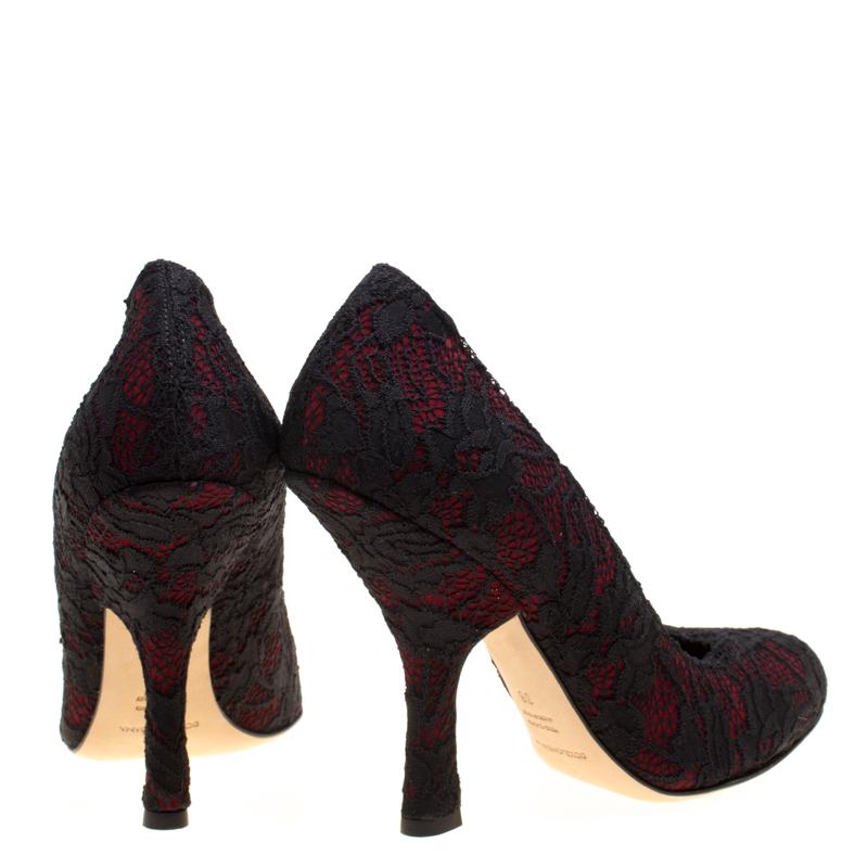 Black Dolce and Gabbana Maroon Satin and Chantilly Lace Pumps Size 38