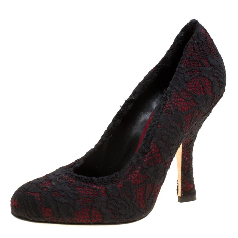 Dolce and Gabbana Maroon Satin and Chantilly Lace Pumps Size 38 1