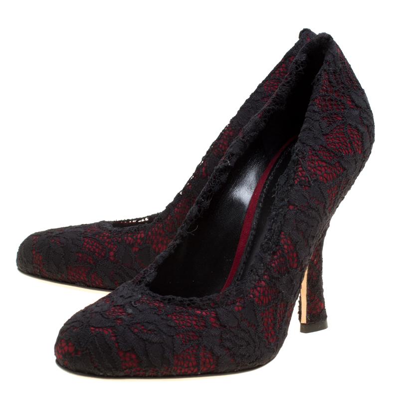 Dolce and Gabbana Maroon Satin and Chantilly Lace Pumps Size 38 2