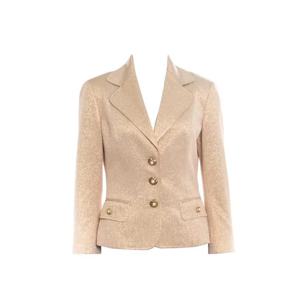 Dolce and Gabbana Matte Gold Cloque Faux Pearl Embedded Button Front Blazer M