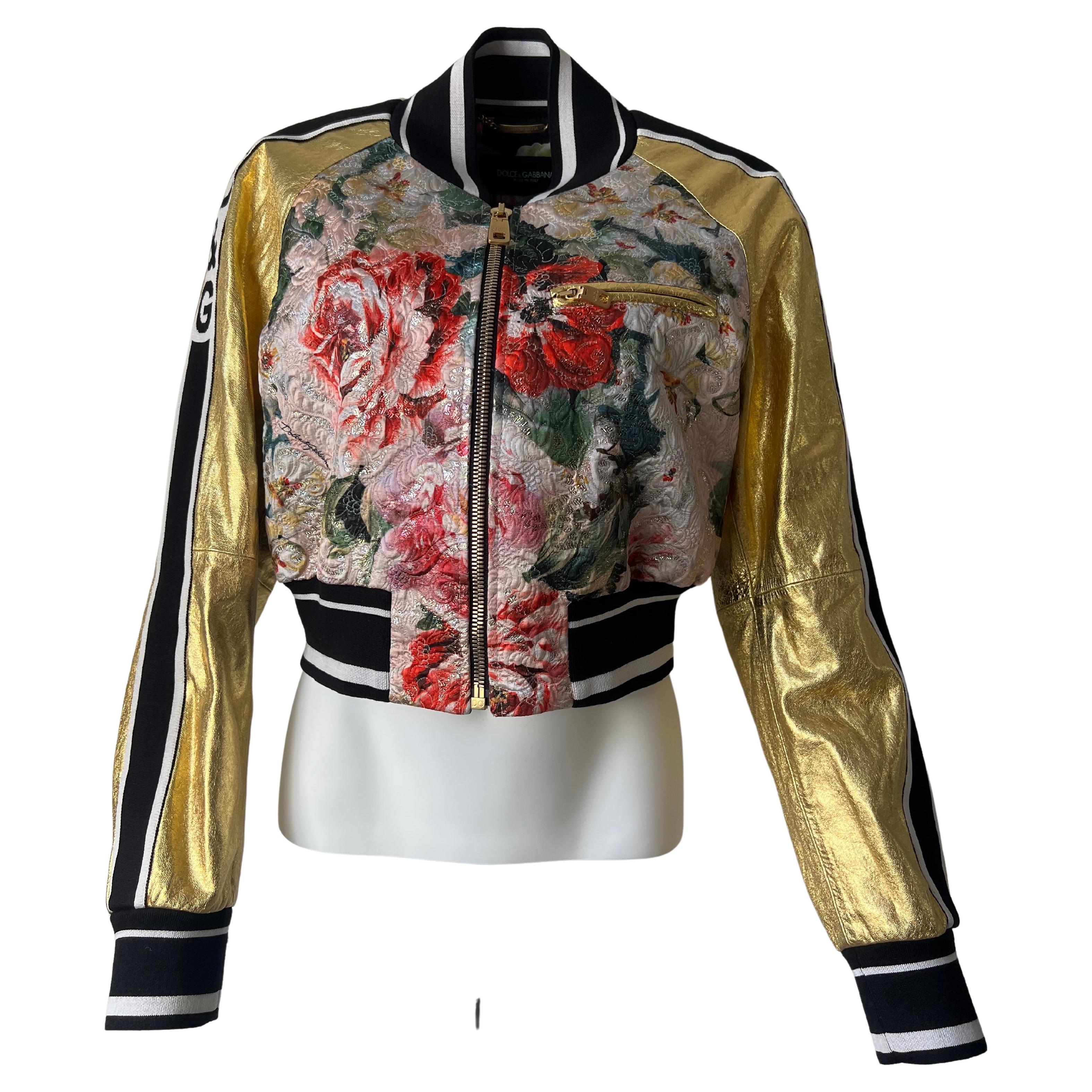 Dolce and Gabbana Metalic Leather and Floral-BomberJacket For Sale 2