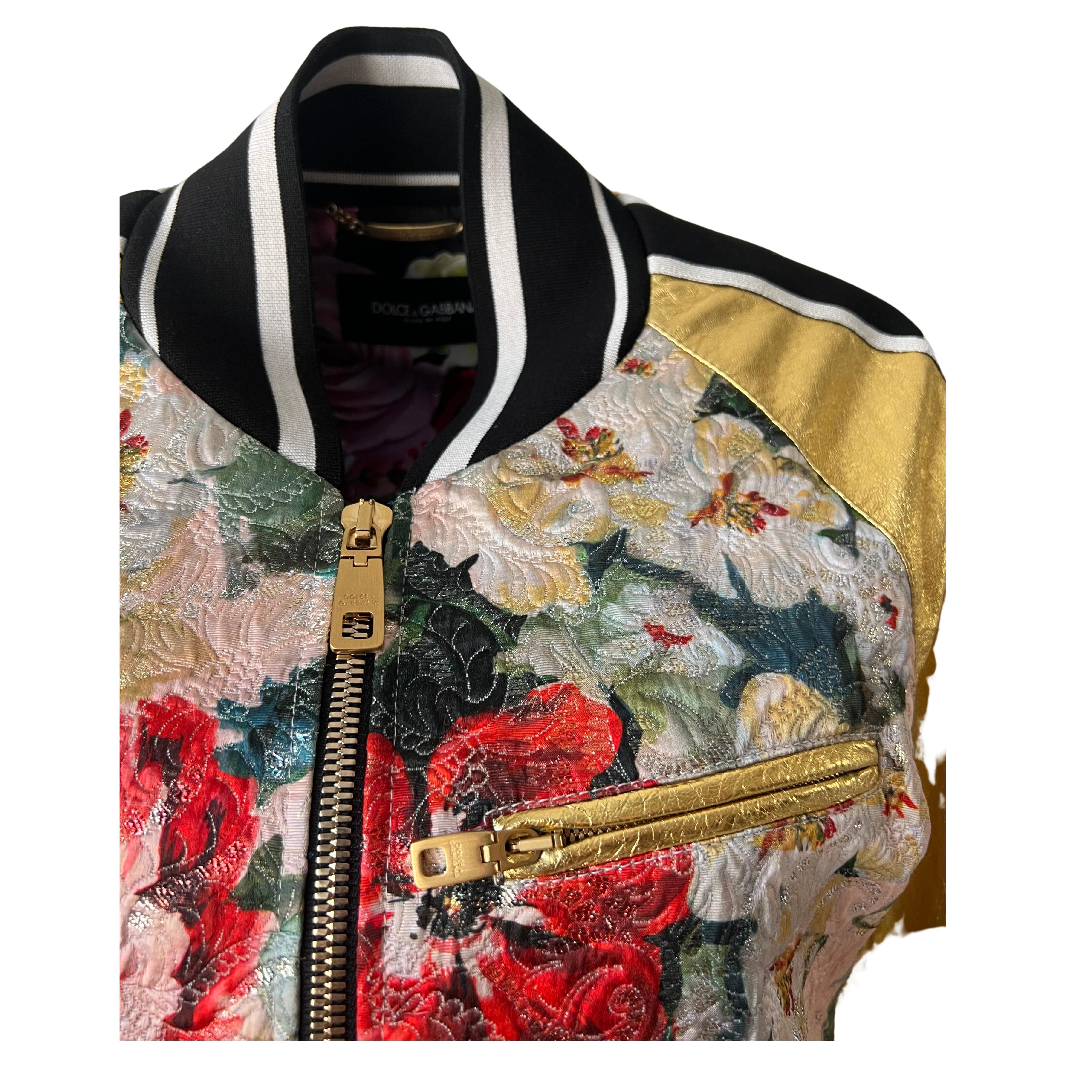 Dolce and Gabbana Metalic Leather and Floral-BomberJacket For Sale 3