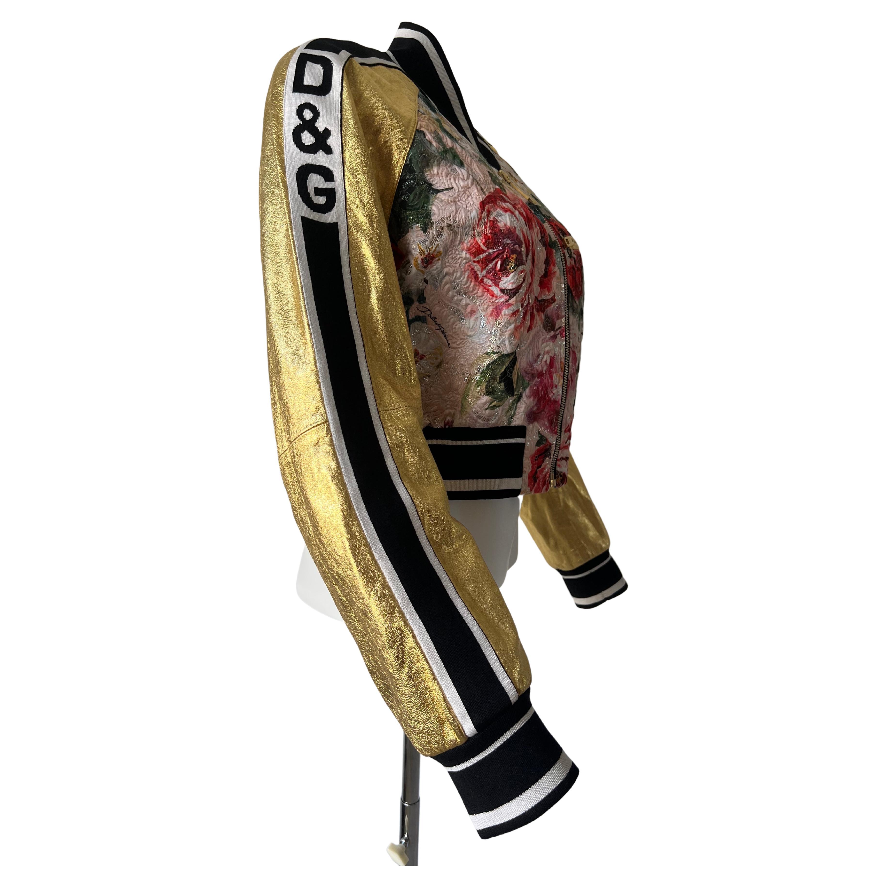 Dolce and Gabbana Metalic Leather and Floral-BomberJacket For Sale 1