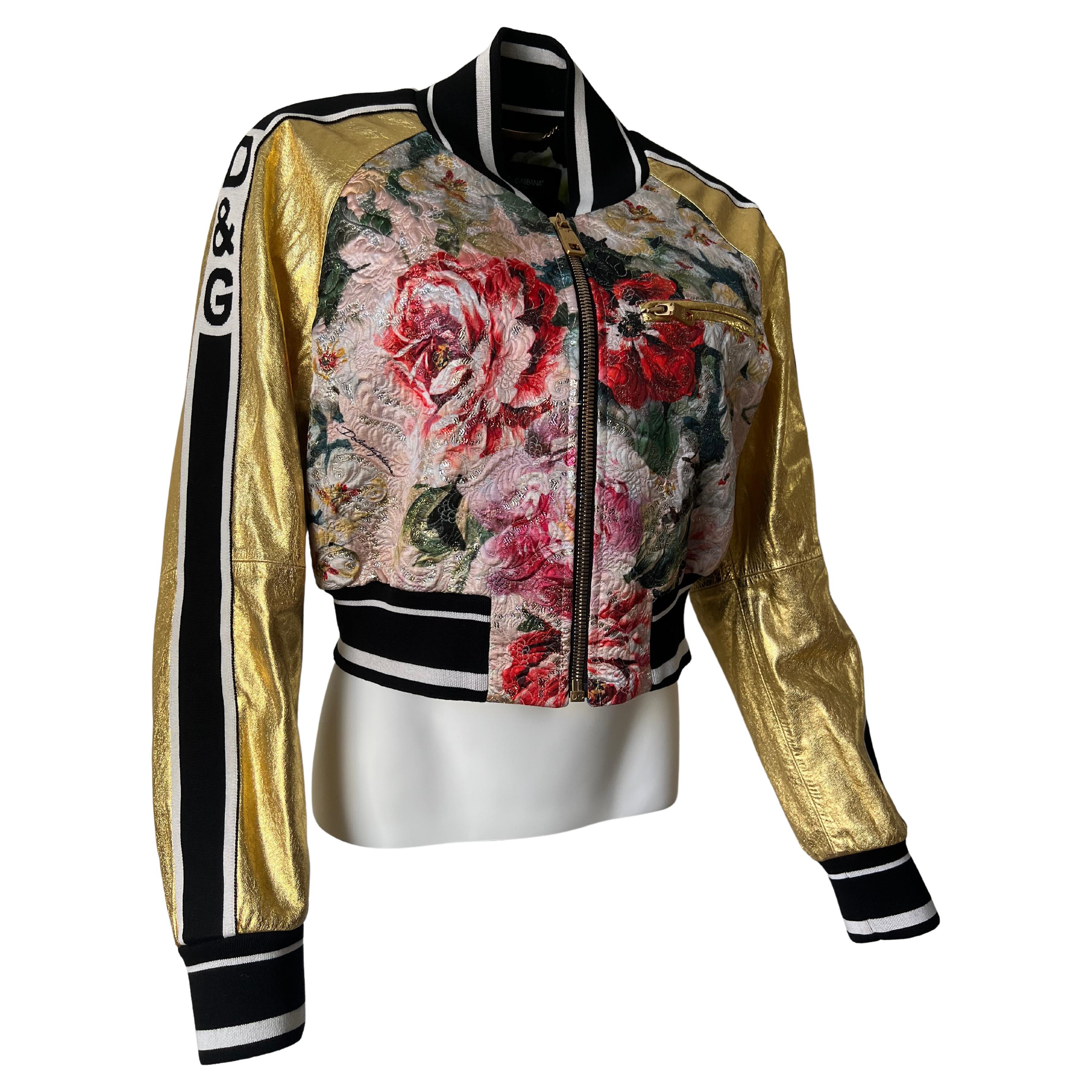 Dolce and Gabbana Metalic Leather and Floral-BomberJacket For Sale