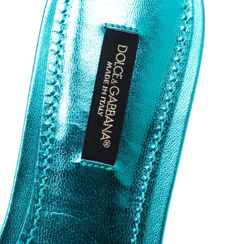 Dolce and Gabbana Metallic Blue Fabric Sofia Embellished Flat Slides Size 37 1
