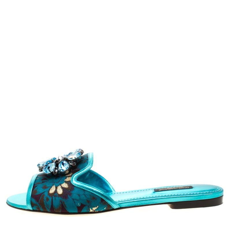Dolce and Gabbana Metallic Blue Fabric Sofia Embellished Flat Slides Size 37 2