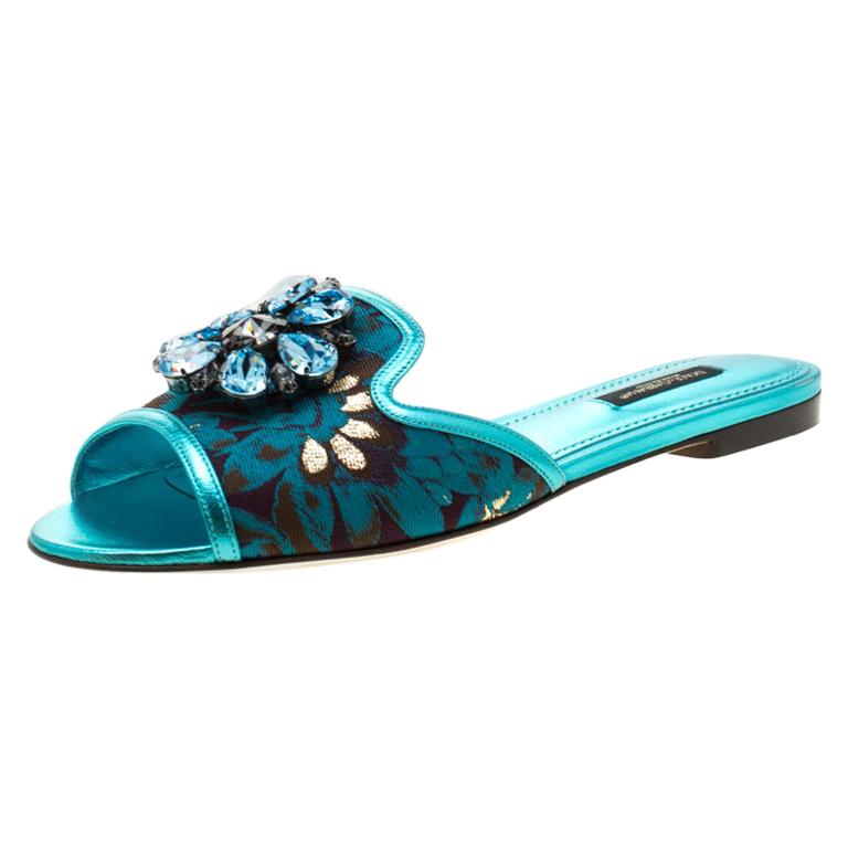 Dolce and Gabbana Metallic Blue Fabric Sofia Embellished Flat Slides Size 37